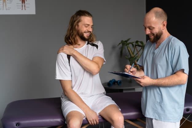 Doctor haciendo chequeo médico deportivo Doctor haciendo chequeo médico deportivo